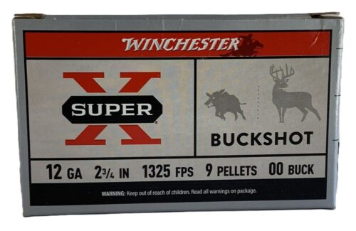 Winchester Super-X Buckshot box showing 12 GA, 2 3/4 in shells, 9 pellets, 1325 FPS, 00 Buck