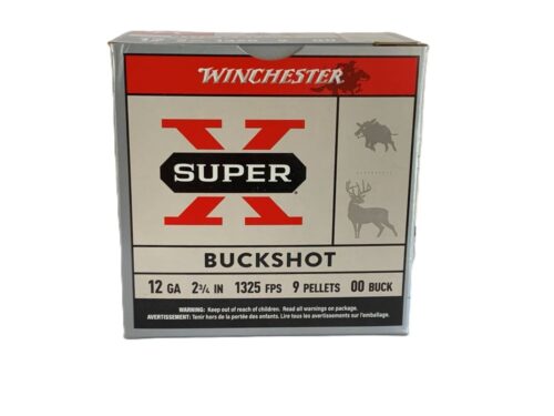Box labeled Winchester Super-X Buckshot ammunition: 12 gauge, 2 3/4 inch shells, 9 pellets, 1325 fps, with deer graphic on the side.